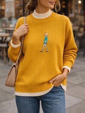 Mustard Yellow Mock Neck Sweater Faux Layered Embroidered Graphic Size M